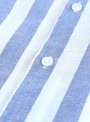 JMIERR Mens Casual Cotton Linen Shirts Button Down Long Sleeve Striped Beach Resort Shirts for Men,US 38(S),0Sky Blue