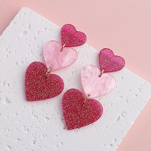 PNYFIL 4PCS pink heart earrings hot pink earrings for women lover earrings magenta earrings barbie earrings rectangle dangle earrings tassel earrings for women lightweight statement jewelry