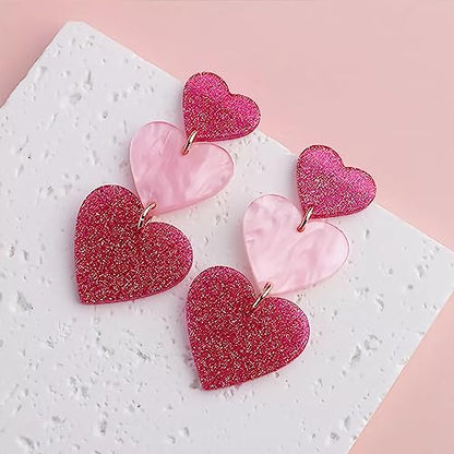 PNYFIL 4PCS pink heart earrings hot pink earrings for women lover earrings magenta earrings barbie earrings rectangle dangle earrings tassel earrings for women lightweight statement jewelry