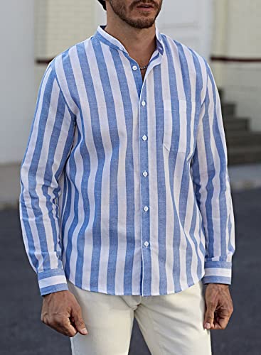 JMIERR Mens Casual Cotton Linen Shirts Button Down Long Sleeve Striped Beach Resort Shirts for Men,US 38(S),0Sky Blue