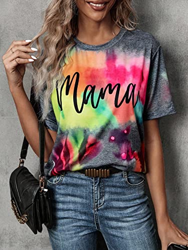 SweatyRocks Women's Casual Tie Dye Letter Print Short Sleeve T Shirt Round Neck Loose Tee Top Multicolor L