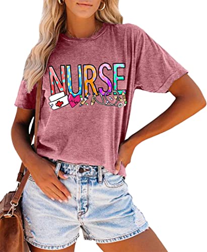 School Nurse Shirt Women Nursing Student T-Shirt Nurse Gift Casual Short Sleeve Inspirational Tee Tops(Pink,Small)