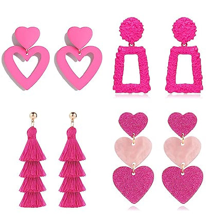 PNYFIL 4PCS pink heart earrings hot pink earrings for women lover earrings magenta earrings barbie earrings rectangle dangle earrings tassel earrings for women lightweight statement jewelry