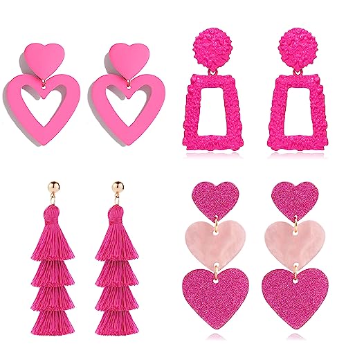 PNYFIL 4PCS pink heart earrings hot pink earrings for women lover earrings magenta earrings barbie earrings rectangle dangle earrings tassel earrings for women lightweight statement jewelry