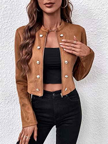 WDIRARA Women's Long Sleeve Drop Shoulder Crop Blazer Stand Collar Casual Button Down Varsity Jacket Brown S