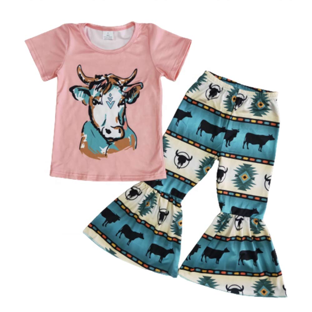Yawoo Girls Long Sleeves Bell Bottoms Pants Clothing Set Boutique 2 Pieces Outfit (cow, 14-16)