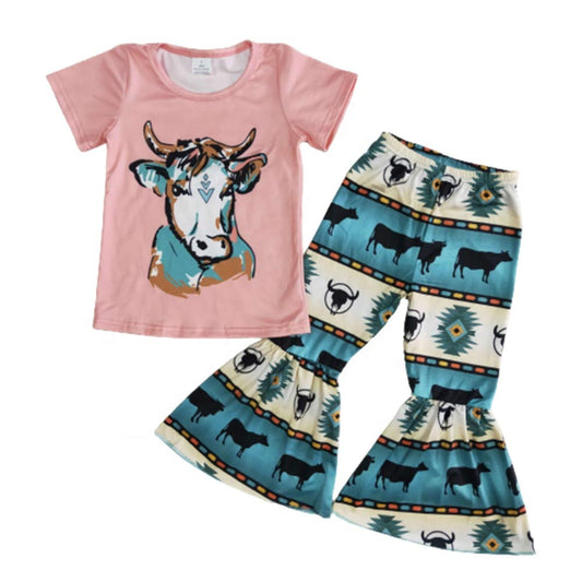 Yawoo Girls Long Sleeves Bell Bottoms Pants Clothing Set Boutique 2 Pieces Outfit (cow, 14-16)
