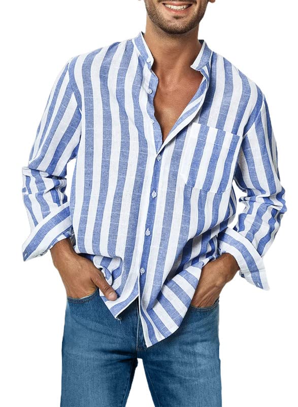 JMIERR Mens Casual Cotton Linen Shirts Button Down Long Sleeve Striped Beach Resort Shirts for Men,US 38(S),0Sky Blue