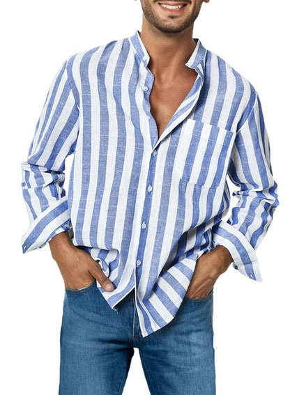 JMIERR Mens Casual Cotton Linen Shirts Button Down Long Sleeve Striped Beach Resort Shirts for Men,US 38(S),0Sky Blue
