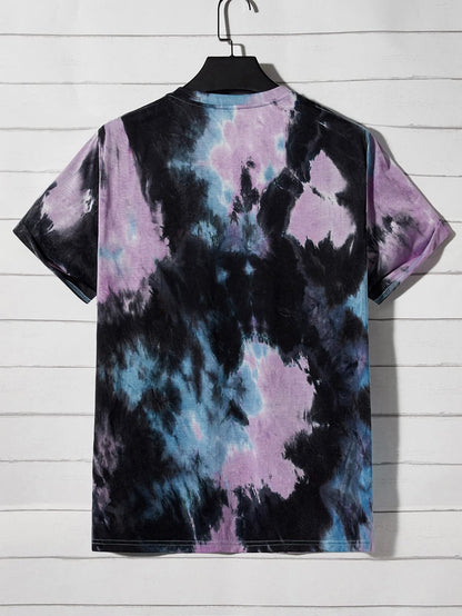 Verdusa Men's Tie Dye Short Sleeve Round Neck Tee Top Black Purple XXL