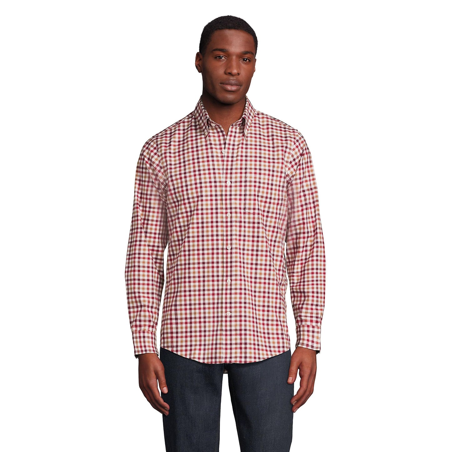 Lands' End Mens Traditional Fit No Iron Twill Shirt Fresh Cranberries Multi Check Regular Small