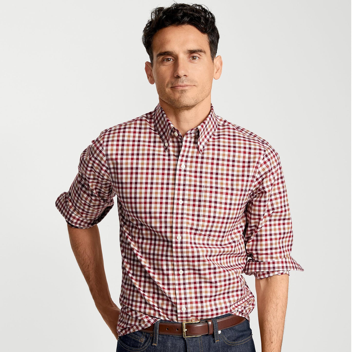 Lands' End Mens Traditional Fit No Iron Twill Shirt Fresh Cranberries Multi Check Regular Small
