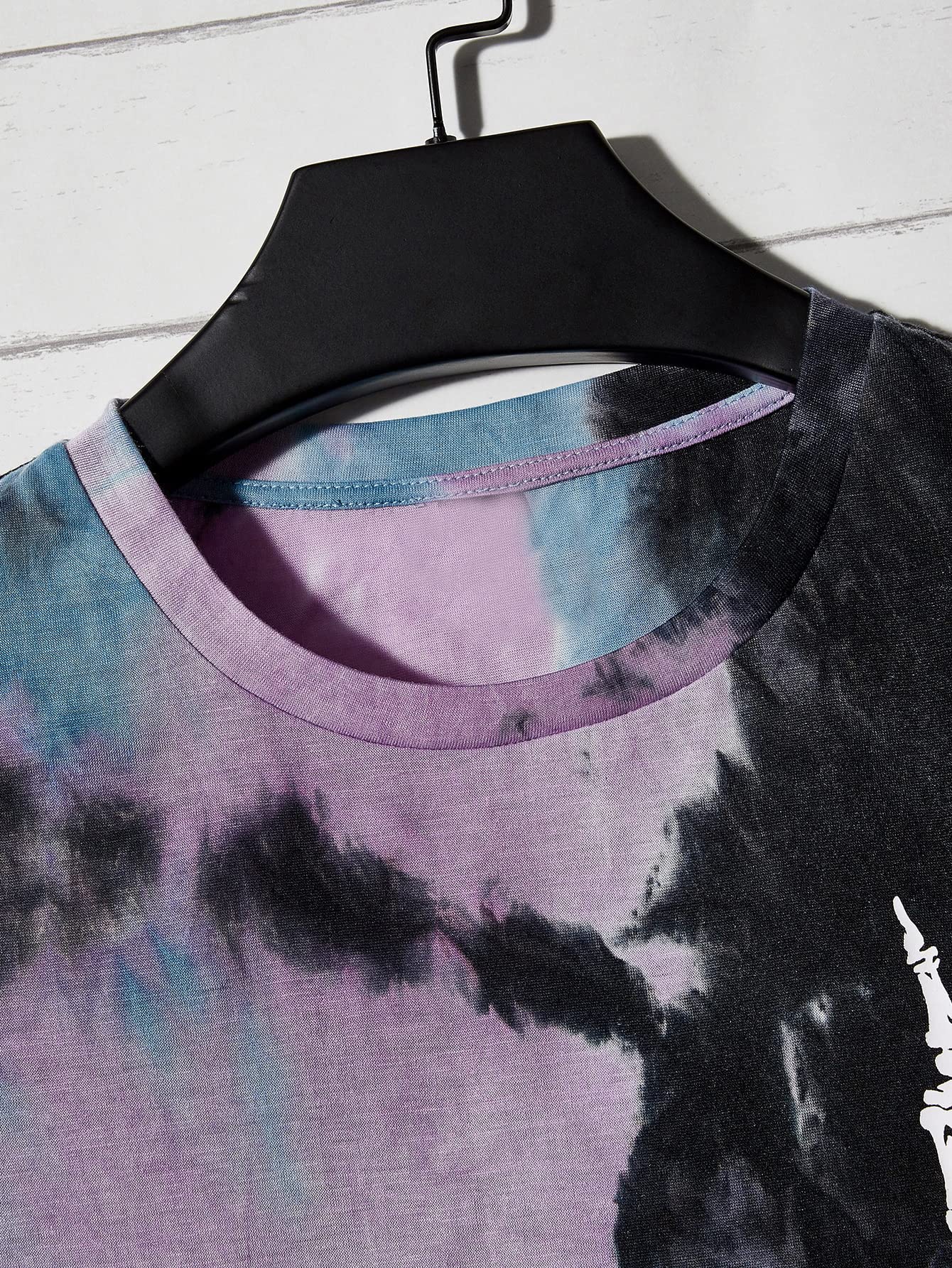 Verdusa Men's Tie Dye Short Sleeve Round Neck Tee Top Black Purple XXL