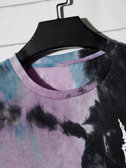 Verdusa Men's Tie Dye Short Sleeve Round Neck Tee Top Black Purple XXL